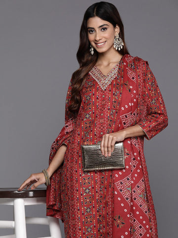 Varanga Women Red Printed  V-Neck Embroidered Kurta With Bottom And Dupatta